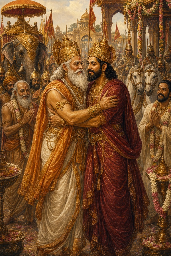 राजा दशरथ और राजा जनक नगर-द्वार पर एक-दूसरे को गले लगाते हुए, पीछे सजे हाथी-घोड़े और भीड़।