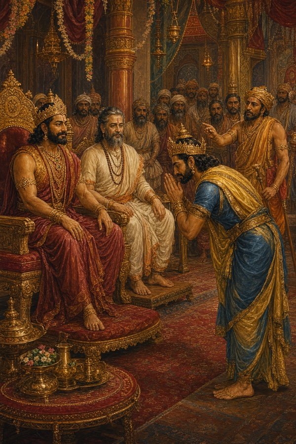 एक मुकुटधारी राजा हाथ जोड़े झुककर आसनों पर बैठे राजा जनक और वृद्ध सभासद का अभिवादन करते हुए।