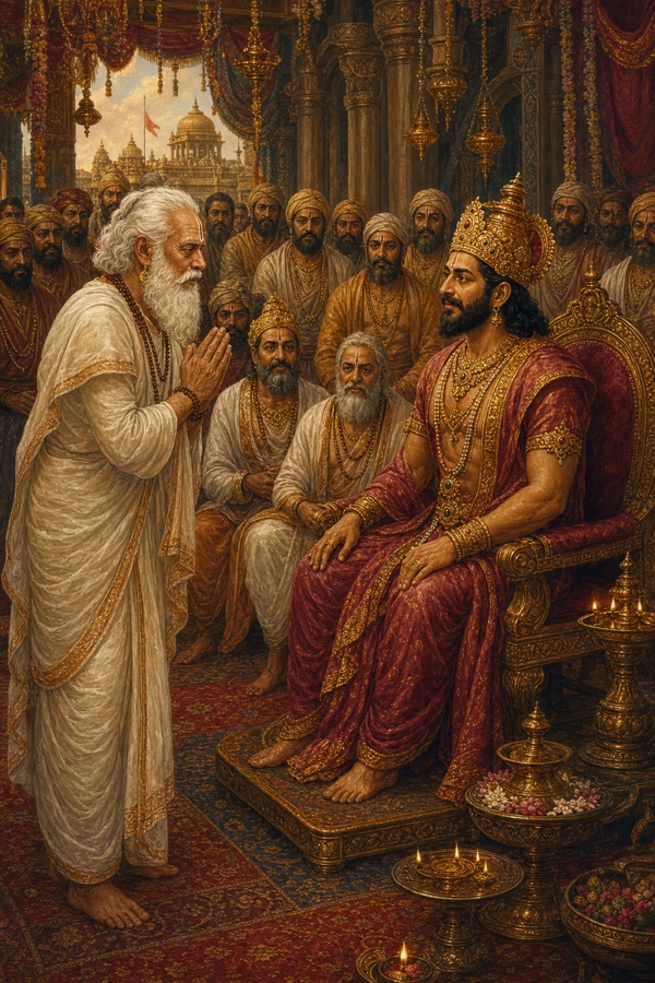 श्वेत वस्त्रधारी वृद्ध मुनि हाथ जोड़े आसन पर बैठे राजा जनक से निवेदन करते हुए, चारों ओर दरबारी बैठे।