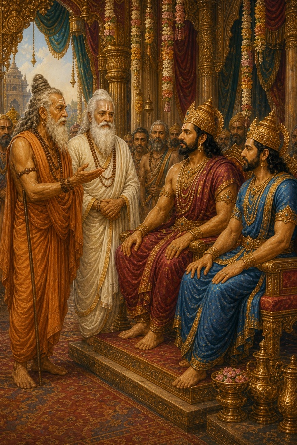 मुनि विश्वामित्र और श्वेत वस्त्रधारी वृद्ध मुनि आसनों पर बैठे दो मुकुटधारी राजाओं से संवाद करते हुए।