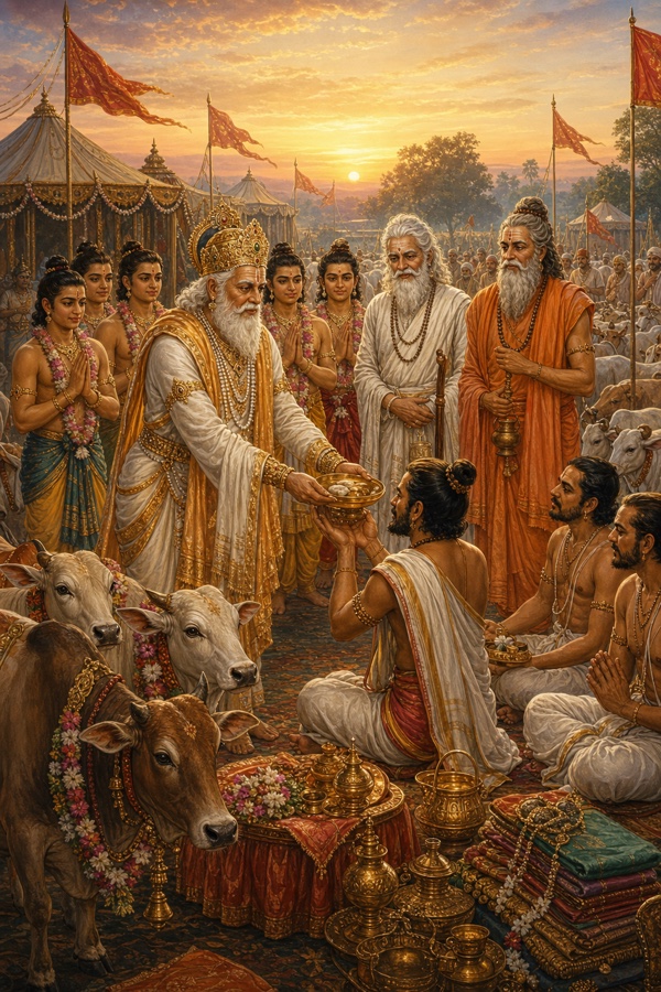 वृद्ध राजा दशरथ शिविर में ब्राह्मणों को स्वर्ण-पात्र और मालाओं से सजी गायें दान करते हुए, पीछे राजकुमार खड़े।