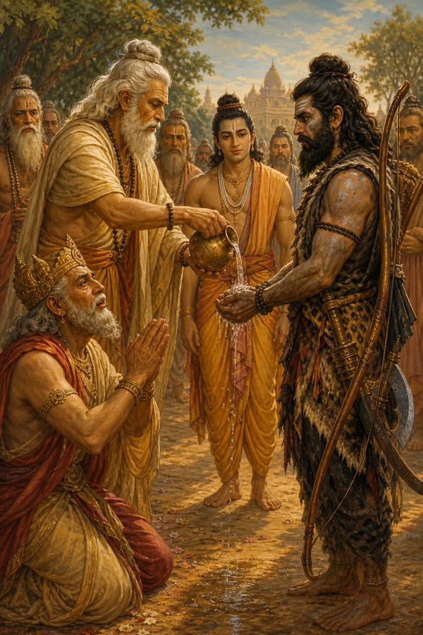 वृद्ध ऋषि स्वर्ण कलश से परशुराम के हाथों पर जल अर्पित करते हुए, पास घुटनों पर बैठे दशरथ प्रार्थना करते हैं।