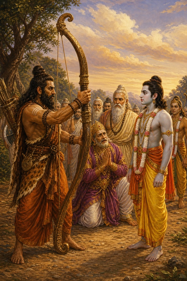 परशुराम विशाल स्वर्णिम धनुष उठाकर राम के सम्मुख प्रस्तुत करते हुए, पास दशरथ हाथ जोड़े विनती करते हैं।