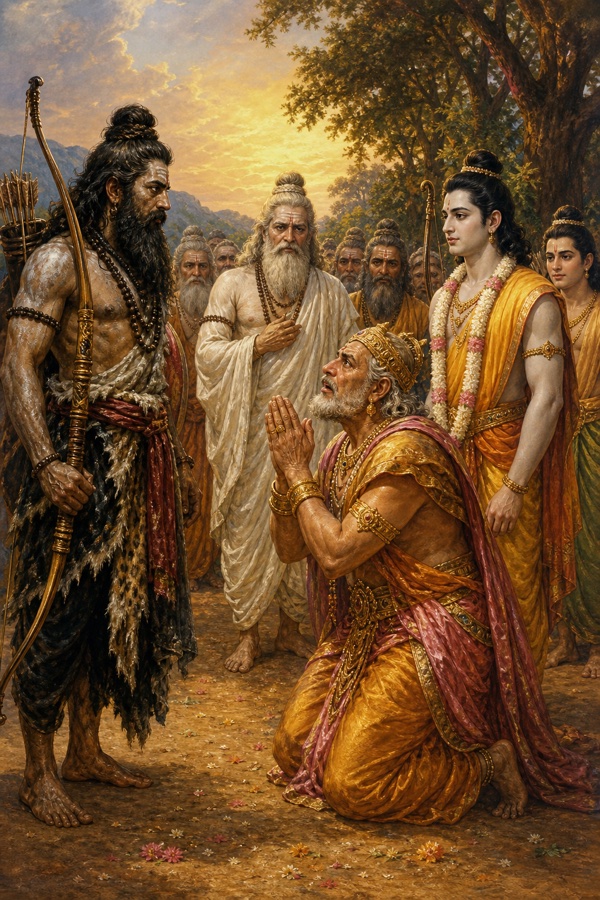 राजा दशरथ घुटनों पर हाथ फैलाकर राम की रक्षा की विनती करते हुए, सामने फरसाधारी परशुराम खड़े हैं।