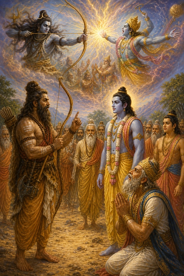 आकाश में शिव और विष्णु के धनुष-युद्ध का दिव्य दृश्य, नीचे परशुराम राम को वह पुरानी कथा सुनाते हुए।