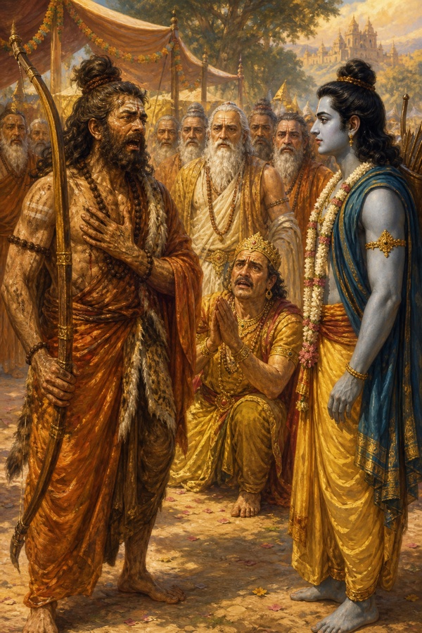 परशुराम छाती पर हाथ रखे विस्मय से राम से बोलते हुए, बीच में दशरथ घुटनों पर हाथ जोड़े बैठे हैं।
