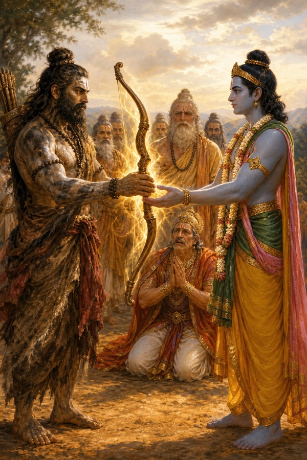 परशुराम तेज से दमकता वैष्णव धनुष राम के हाथों में सौंपते हुए, नीचे दशरथ हाथ जोड़े बैठे हैं।