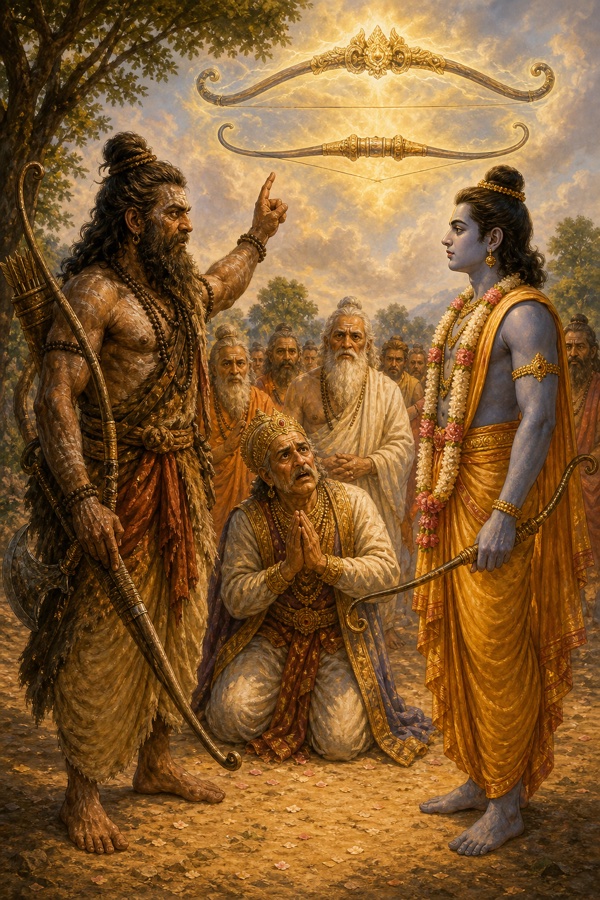 आकाश में दो दिव्य धनुषों का तेजोमय दर्शन, नीचे परशुराम उँगली उठाकर राम को उनकी कथा बताते हुए।