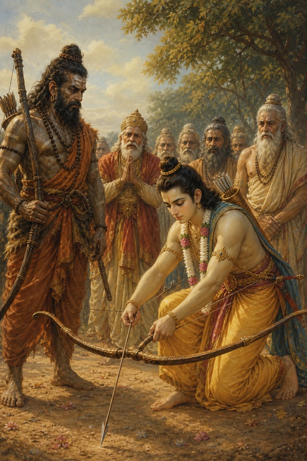 राम झुककर धनुष पर बाण जोड़ते हुए, पास परशुराम और हाथ जोड़े ऋषि उन्हें देख रहे हैं।