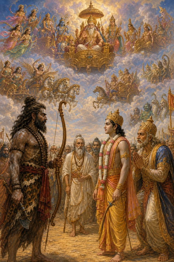 आकाश में रथों पर देवता और अप्सराएँ एकत्र होकर नीचे आमने-सामने खड़े परशुराम और राम को देख रहे हैं।