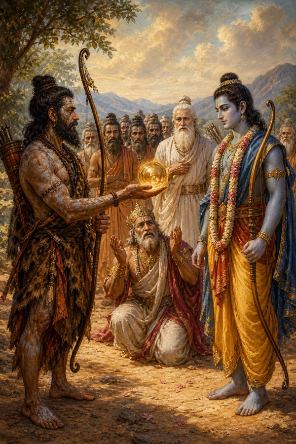 परशुराम अपनी हथेली पर प्रकाशमान तेजपुंज राम को दिखाते हुए, बीच में दशरथ हाथ उठाए बैठे हैं।