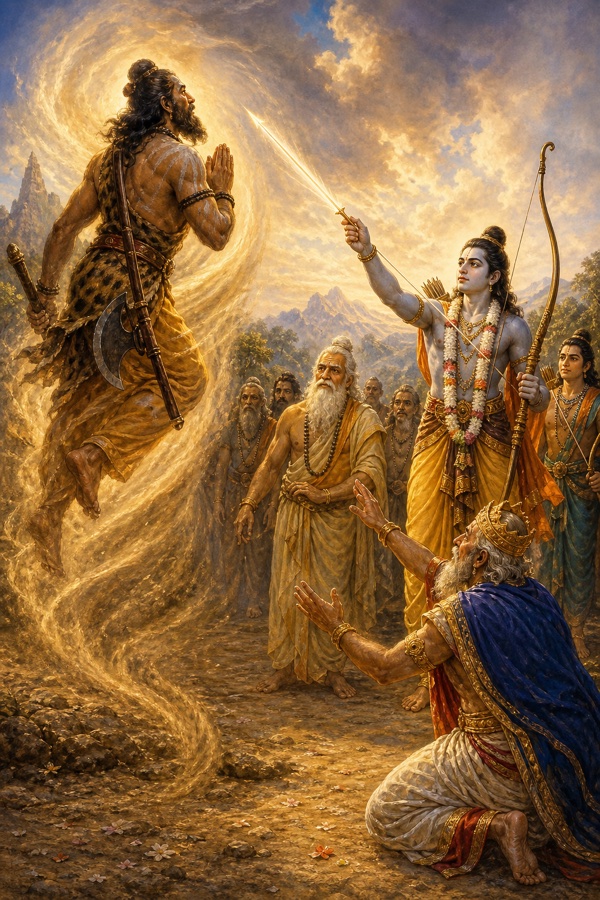 हाथ जोड़े परशुराम स्वर्णिम प्रकाश में आकाश की ओर उठते हुए, नीचे राम दिव्य बाण ऊपर उठाए खड़े हैं।