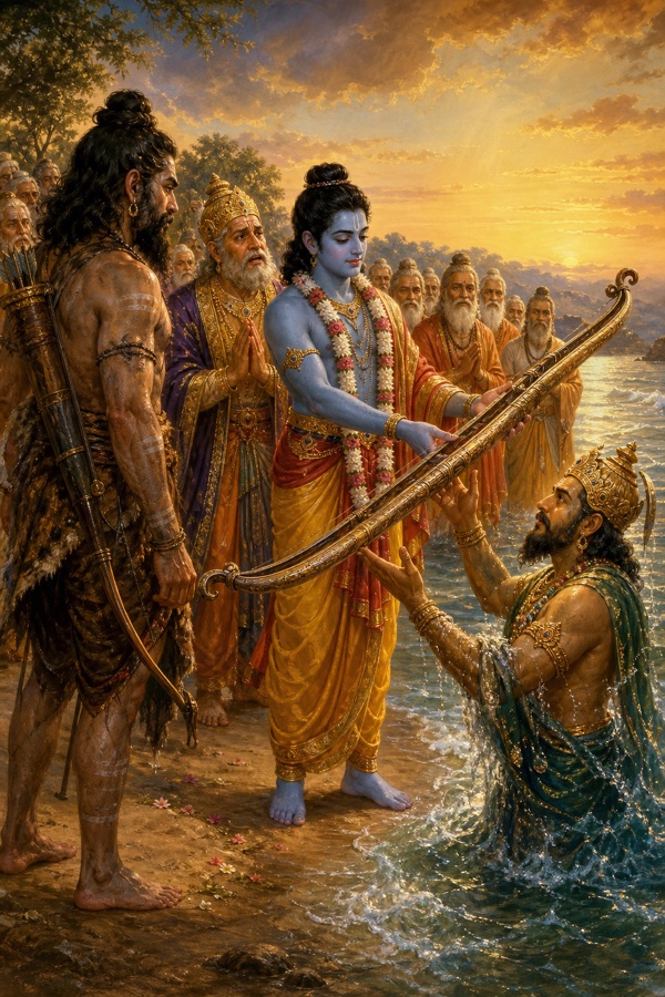 समुद्र तट पर राम जल से प्रकट वरुण देव को वैष्णव धनुष सौंपते हुए, पीछे परशुराम और ऋषि खड़े हैं।
