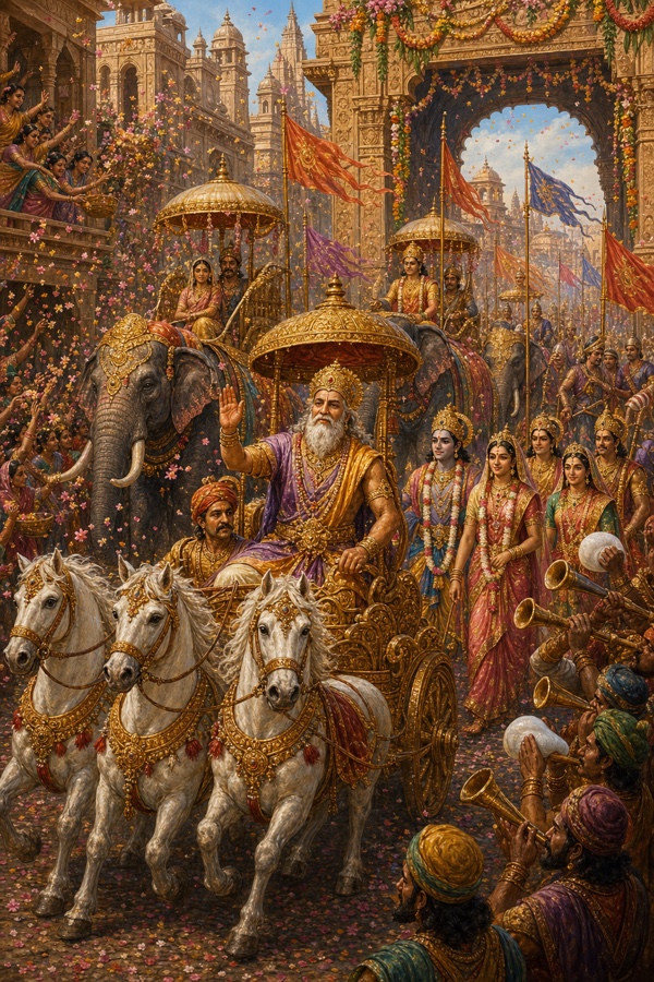 फूलों की वर्षा के बीच रथ पर सवार राजा दशरथ शोभायात्रा में नगरवासियों का अभिवादन स्वीकार करते हुए।