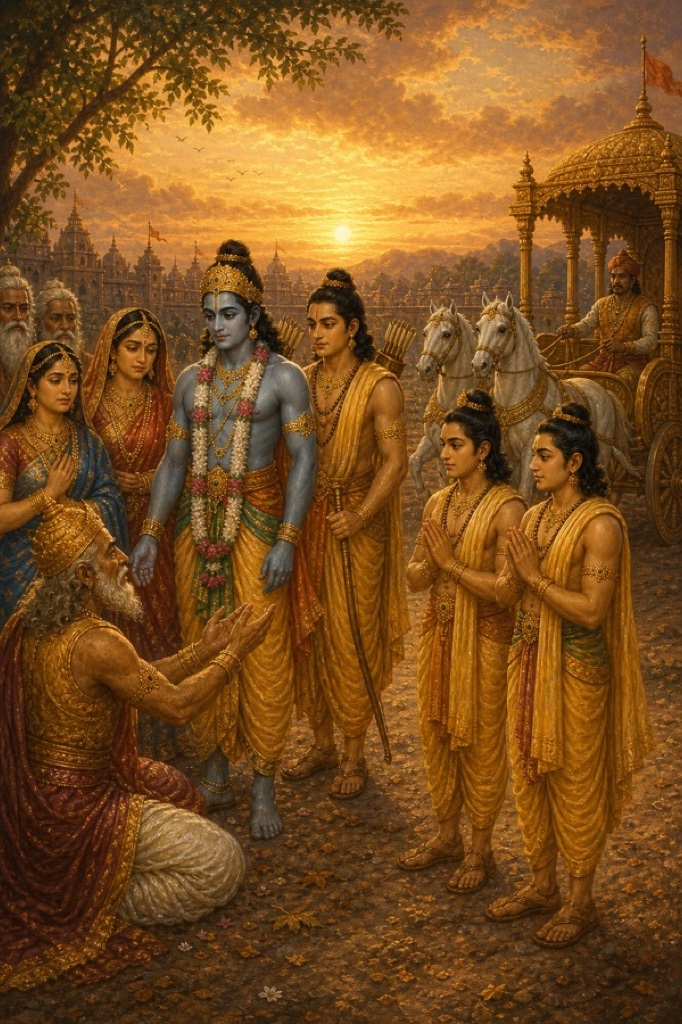 संध्या के प्रकाश में एक वृद्ध पुरुष घुटनों पर बैठकर राम की ओर हाथ बढ़ाए हुए, पास परिजन खड़े हैं।