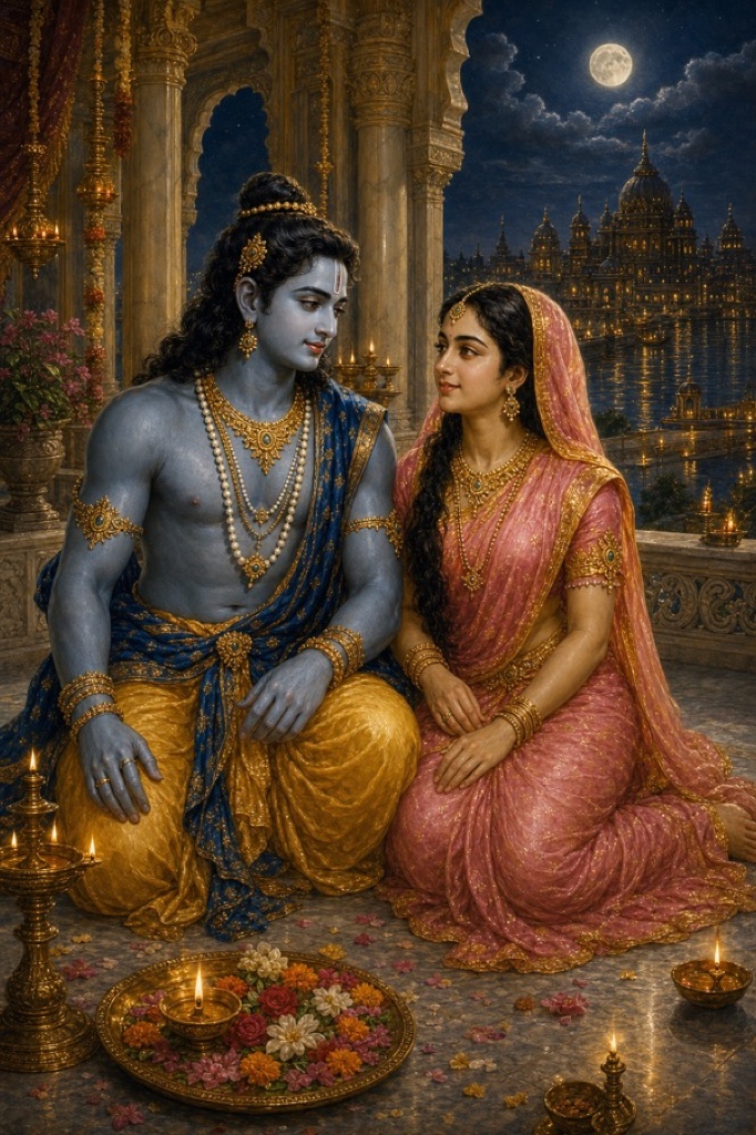 चाँदनी रात में महल की छत पर राम और सीता दीपों और फूलों के बीच साथ बैठे हुए।