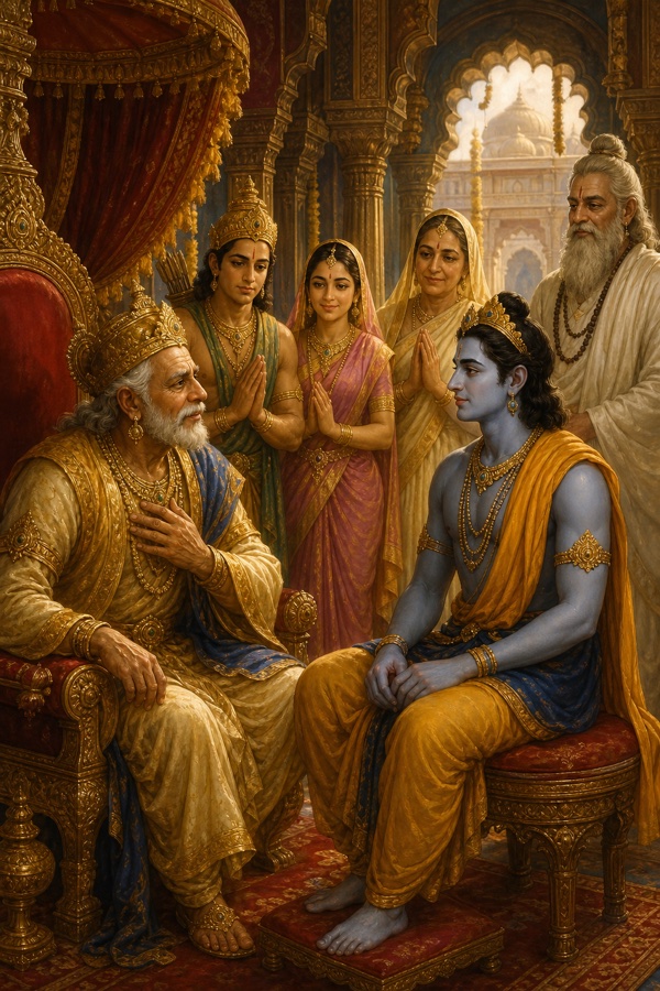 सिंहासन पर बैठे वृद्ध दशरथ छाती पर हाथ रखे पास बैठे राम से मन की बात कहते हुए।