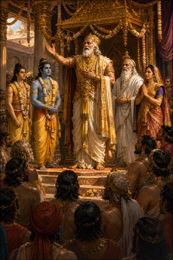 मंच पर खड़े दशरथ हाथ फैलाकर जनसमूह के सम्मुख राम को उत्तराधिकारी घोषित करते हुए, पास राम और लक्ष्मण खड़े हैं।