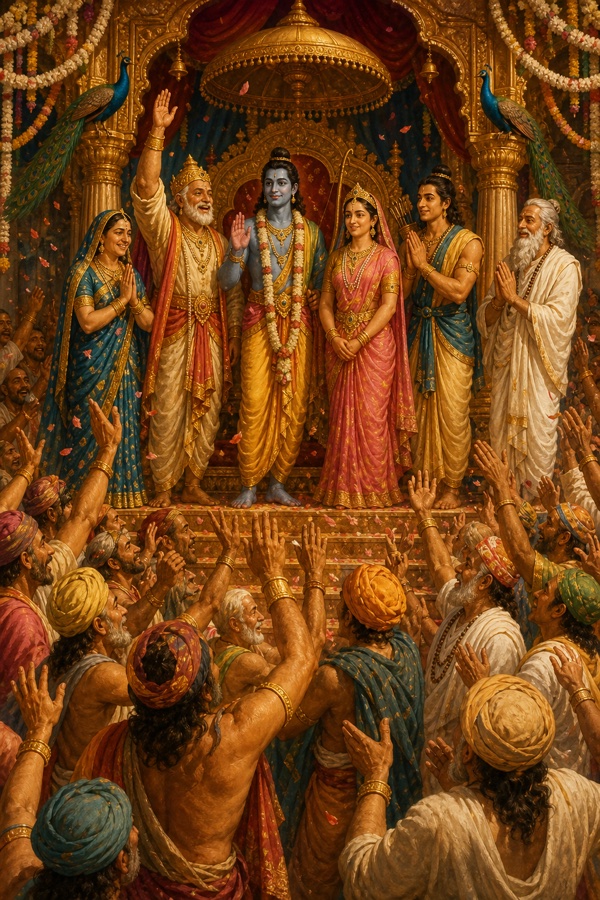 सजे मंच पर दशरथ, राम और सीता खड़े हैं, नीचे उल्लसित नगरवासी हाथ उठाकर जयकार कर रहे हैं।