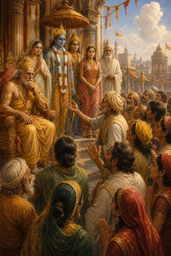 महल के द्वार पर बैठे दशरथ और खड़े राम के सम्मुख नगरवासी हाथ जोड़कर हर्ष प्रकट करते हुए।