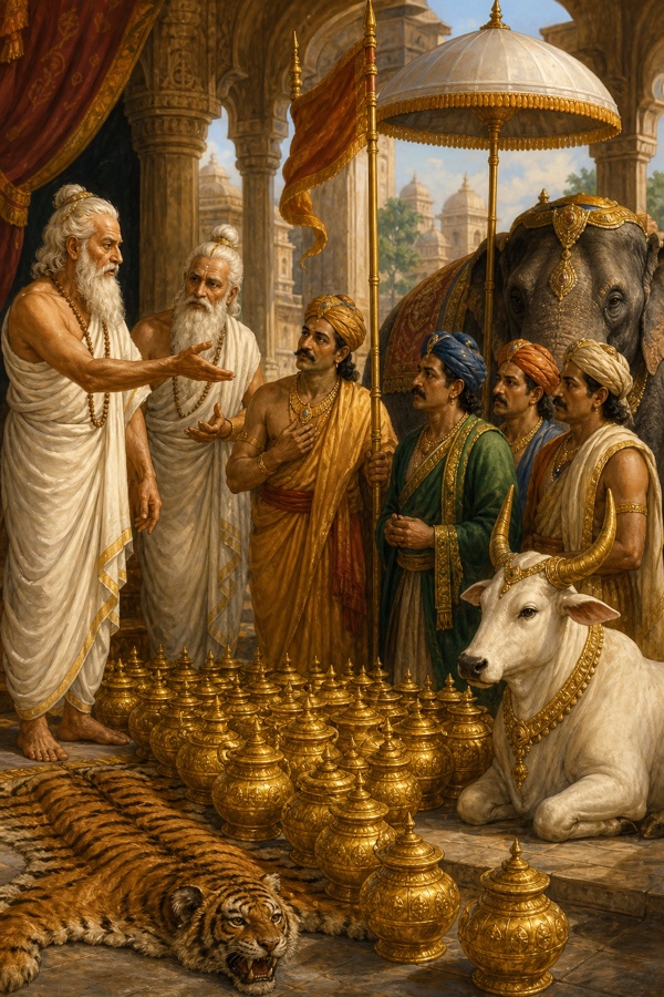 वशिष्ठ अधिकारियों को अभिषेक की सामग्री जुटाने का निर्देश देते हुए, पास स्वर्ण कलश, श्वेत वृषभ और व्याघ्रचर्म रखे हैं।