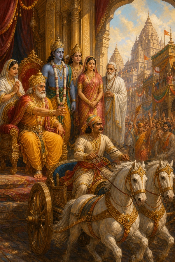 दशरथ रथ पर आए सारथी सुमन्त्र की ओर हाथ बढ़ाकर आदेश देते हुए, पीछे राम, सीता और लक्ष्मण खड़े हैं।