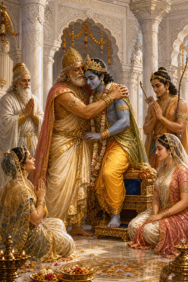प्रसन्न दशरथ राम को हृदय से लगाते हुए, चारों ओर हाथ जोड़े परिजन बैठे और खड़े हैं।