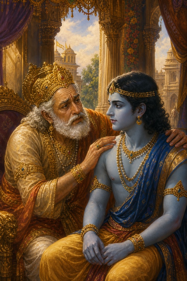 चिंतित मुख लिए दशरथ राम के कंधे पर हाथ रखकर उन्हें एकांत में कुछ समझाते हुए।