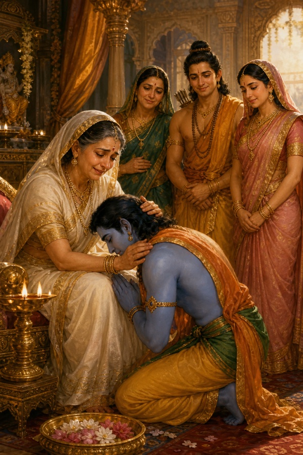कौसल्या राम के सिर पर हाथ रखकर आशीर्वाद देती हुईं, राम झुककर उनसे लिपटे हैं, पीछे परिजन मुस्कुराते खड़े।