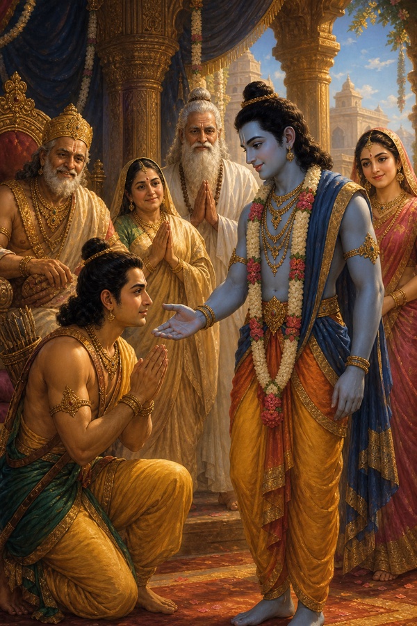 राम हाथ बढ़ाकर घुटनों पर बैठे लक्ष्मण को उठाते हुए, पास दशरथ और परिजन प्रसन्न होकर देख रहे हैं।