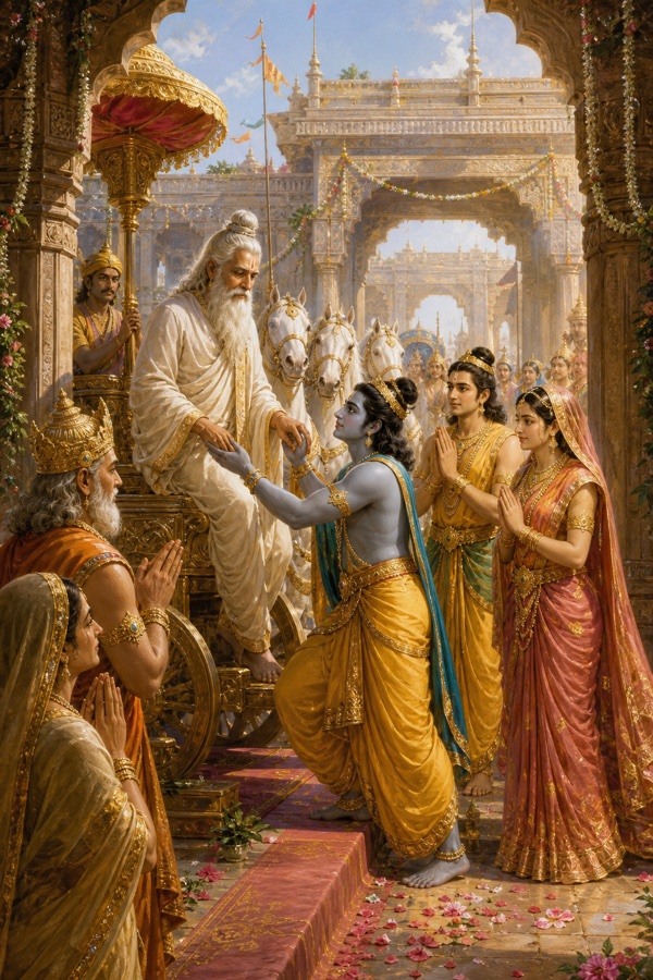 रथ से उतरते वशिष्ठ को राम हाथ बढ़ाकर सम्मानपूर्वक उतारते हुए, आसपास परिजन हाथ जोड़े खड़े हैं।