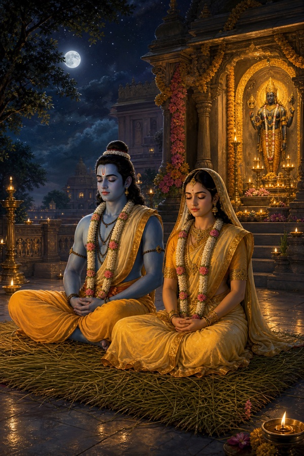 व्रत की रात राम और सीता कुश के आसन पर आँखें मूँदे नारायण के विग्रह के सम्मुख बैठे हुए।