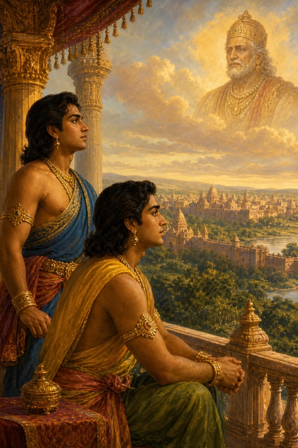 दो युवा राजकुमार महल के छज्जे से नगर निहारते हुए, आकाश के बादलों में वृद्ध राजा की छवि उभरती हुई।