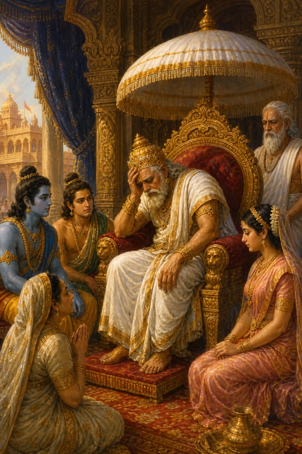 श्वेत छत्र के नीचे सिंहासन पर माथा थामे चिंतित दशरथ, चारों ओर राम, लक्ष्मण और परिजन बैठे हैं।