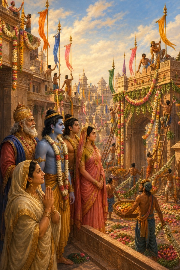 राजपरिवार छज्जे से सजती अयोध्या निहारता हुआ, नगरवासी ध्वजाएँ फहराते और फूल-मालाएँ बाँधते दिख रहे हैं।