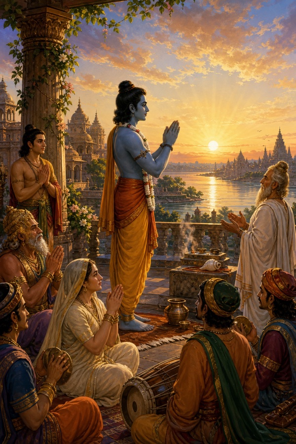 संध्या के समय राम छत पर अस्त होते सूर्य को हाथ जोड़कर प्रणाम करते हुए, पास वादक और परिजन बैठे हैं।