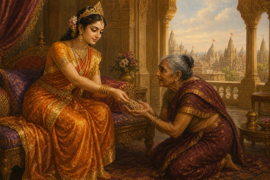 प्रसन्न कैकेयी राम के राज्याभिषेक का समाचार सुनकर मंथरा को आभूषण भेंट करती हैं।