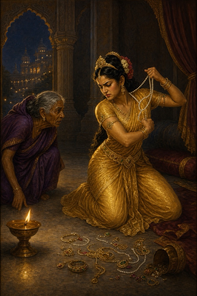 क्रोध में कैकेयी अपना मोतियों का हार तोड़ती हैं, आभूषण फर्श पर बिखरे हैं और मंथरा देखती है।
