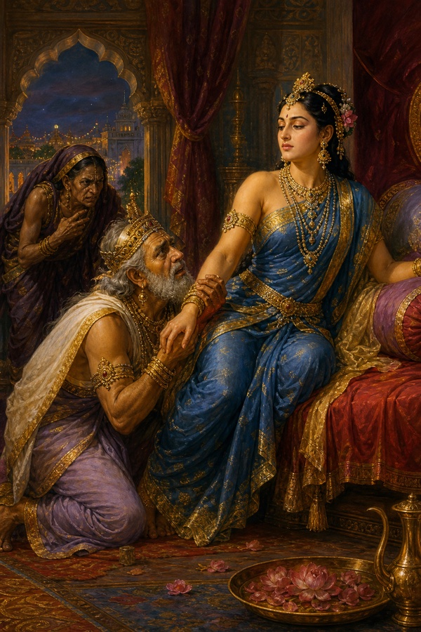 राजा दशरथ घुटनों पर बैठकर रूठी कैकेयी का हाथ थामते हैं, वह मुँह फेर लेती हैं।