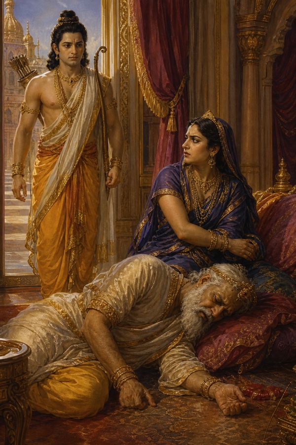 राम कक्ष में प्रवेश करते हैं जहाँ दशरथ भूमि पर अचेत पड़े हैं और कैकेयी पास बैठी हैं।