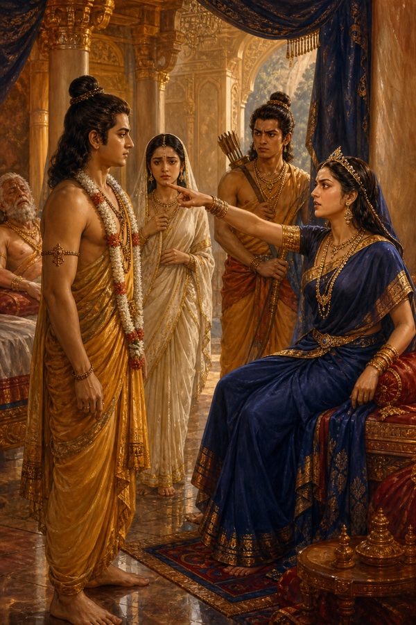कैकेयी उंगली उठाकर राम को वनवास का आदेश सुनाती हैं, पीछे सीता और लक्ष्मण व्यथित खड़े हैं।