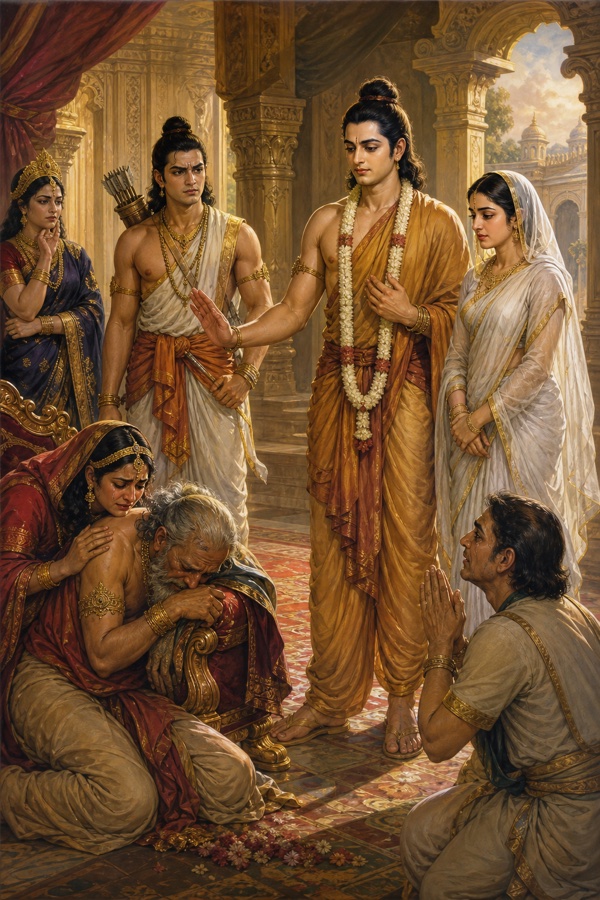राम विलाप करते वृद्ध दशरथ के पास खड़े होकर धीरज बँधाते हैं, लक्ष्मण और सीता साथ हैं।