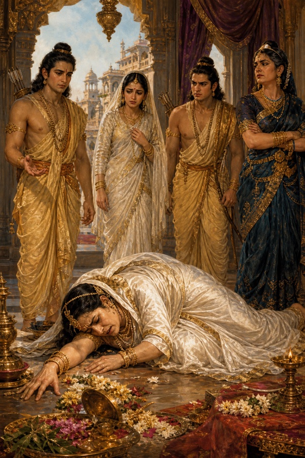 कौसल्या शोक से भूमि पर गिर पड़ी हैं, पास राम, सीता, लक्ष्मण और कठोर खड़ी कैकेयी हैं।