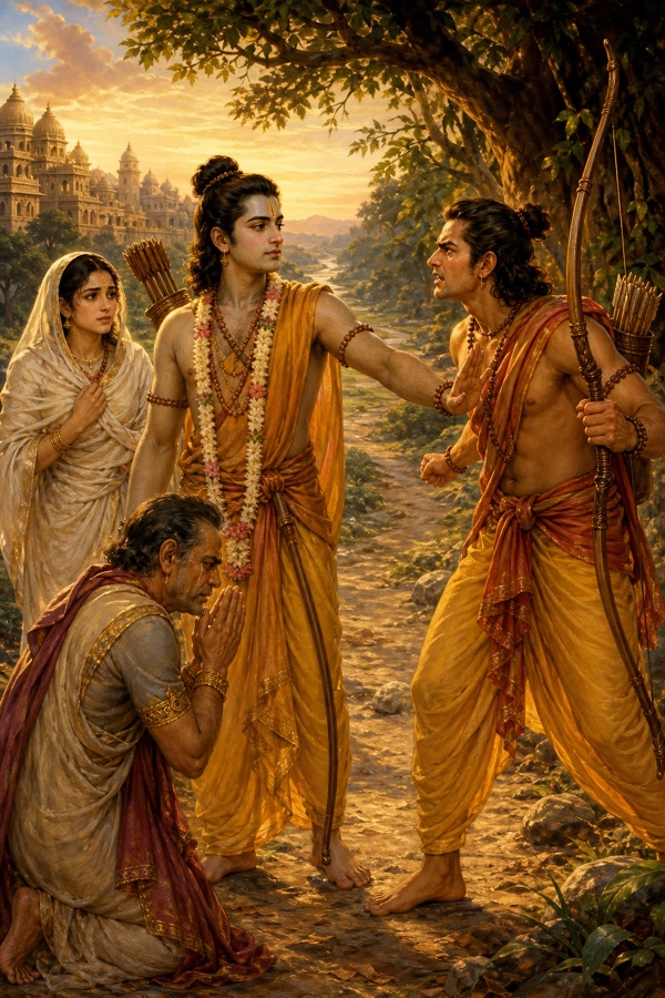वन मार्ग पर राम हाथ बढ़ाकर क्रोधित लक्ष्मण को शांत करते हैं, सीता पीछे चिंतित खड़ी हैं।