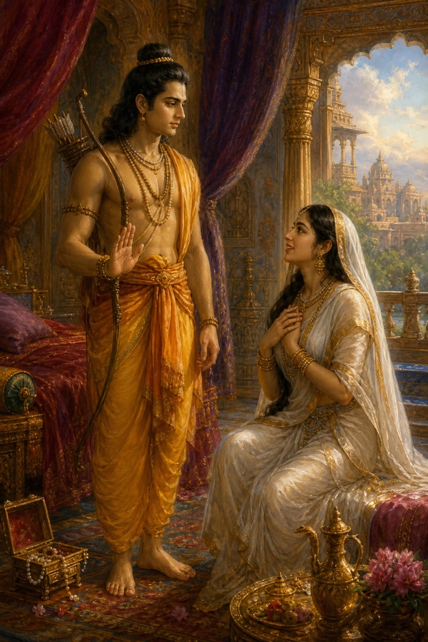 सीता हाथ जोड़कर साथ चलने की विनती करती हैं और राम हाथ उठाकर उन्हें रोकते हैं।