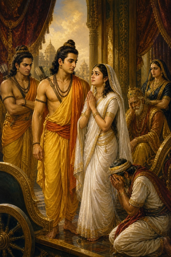 राम, सीता और लक्ष्मण रथ के पास खड़े हैं, पीछे दशरथ शोकमग्न बैठे हैं और सेवक रोता है।