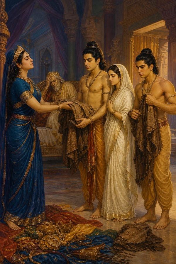कैकेयी राम, सीता और लक्ष्मण को वल्कल वस्त्र थमाती हैं, राजसी आभूषण भूमि पर उतरे पड़े हैं।