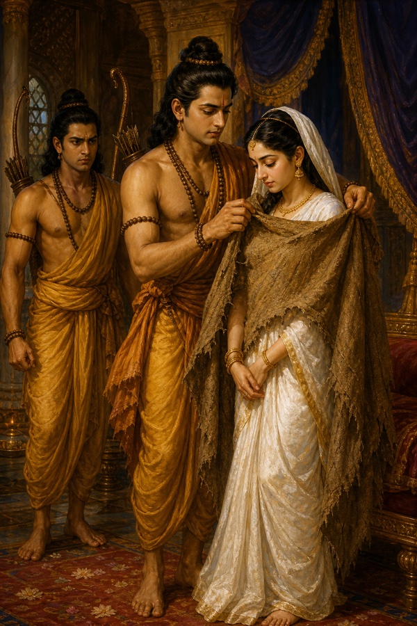 राम सीता के कंधों पर वल्कल ओढ़ाते हैं, लक्ष्मण पीछे मौन खड़े देखते हैं।