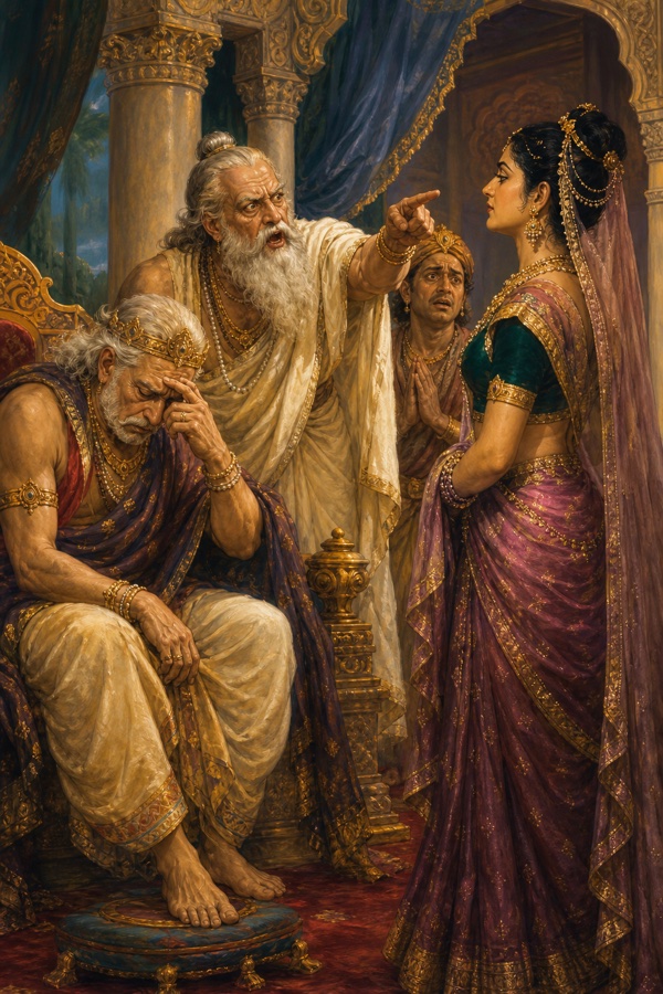श्वेत दाढ़ी वाले गुरु क्रोध में कैकेयी की ओर उंगली उठाते हैं, दशरथ सिंहासन पर माथा थामे बैठे हैं।