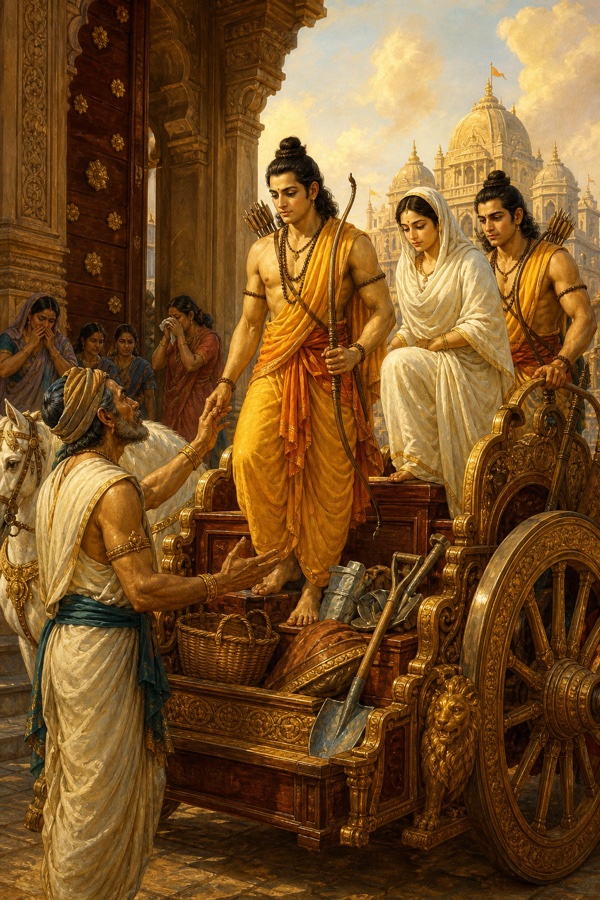 रथ पर चढ़े राम एक वृद्ध नागरिक का हाथ थामते हैं, सीता और लक्ष्मण साथ बैठे हैं।